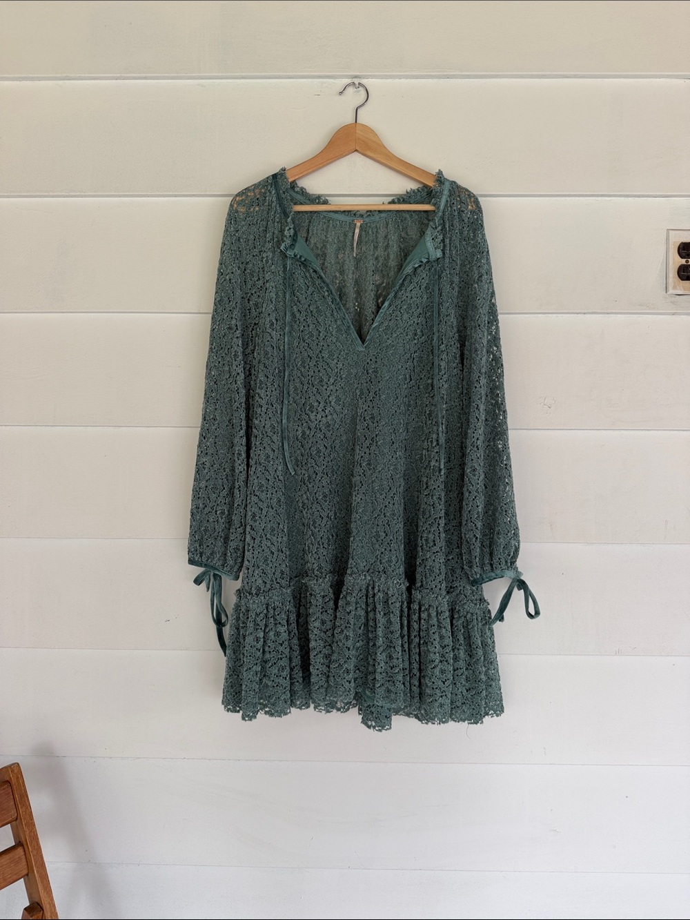 Free People Lace Ruffle Mini Dress in Sage Green